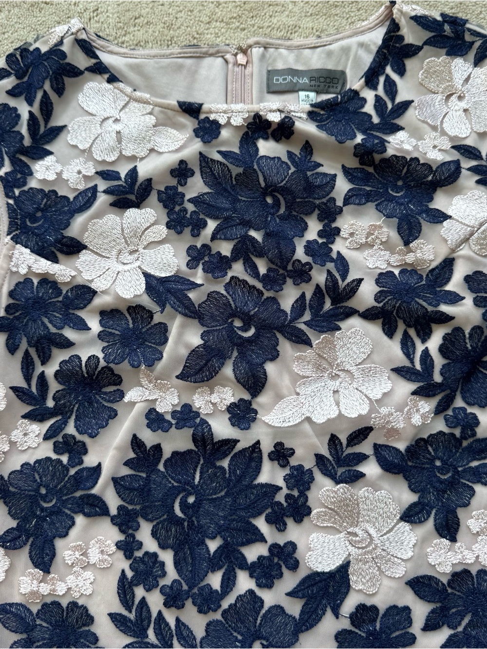 Donna Ricco NY Embroidered Floral Mesh Sheath Dress Sz 16 Navy Blush Sleeveless - Picture 3 of 12